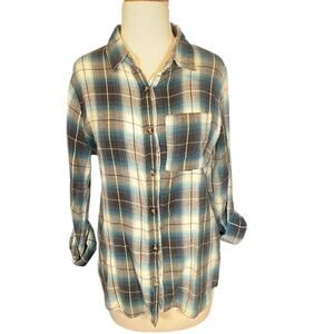 Fitz + Eddi Flannel Button Down Blue White Plaid Light Weight 100% Cotton Size M